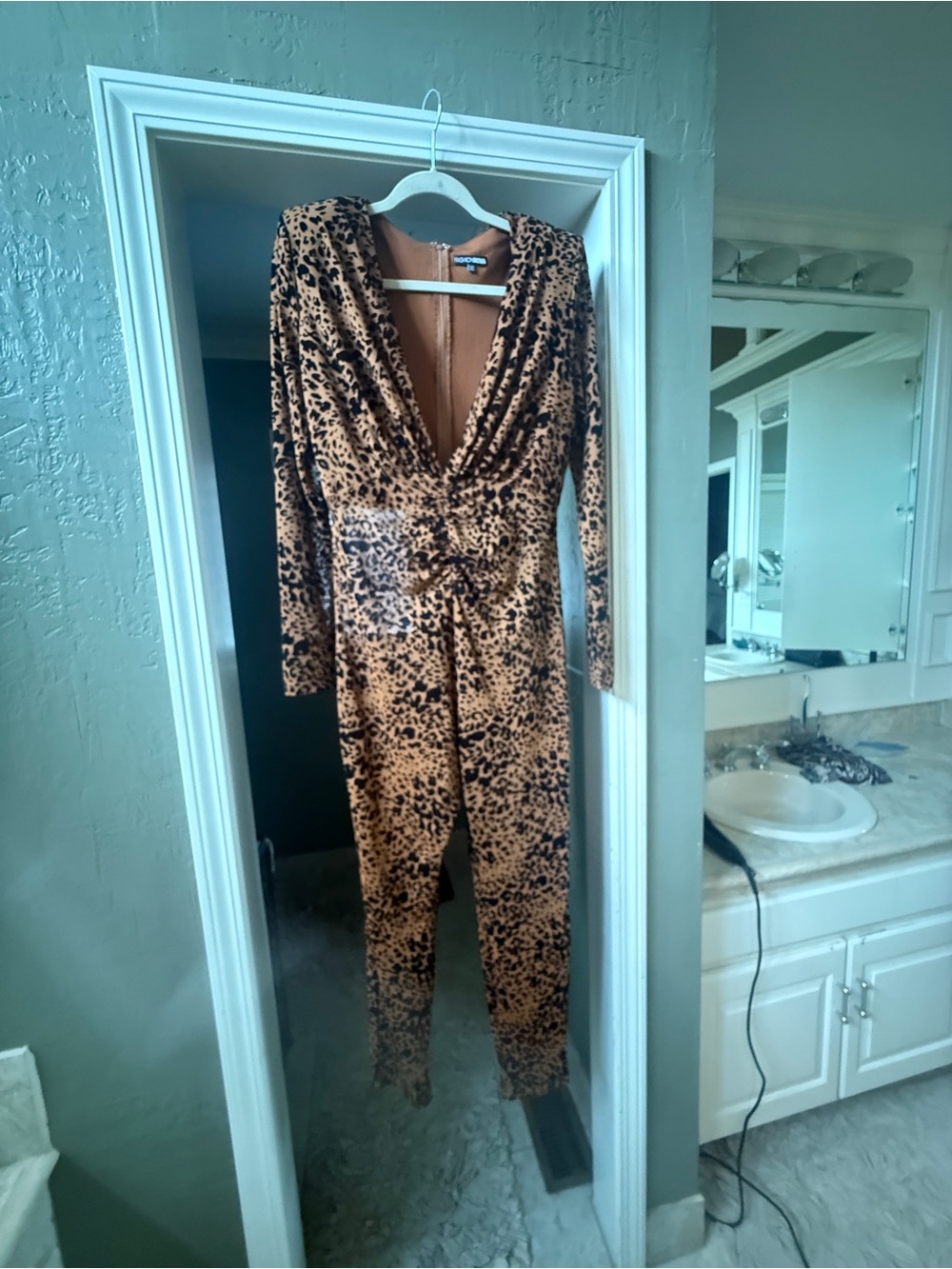 Leopard Print V-Neck Jumpsuit - Brown